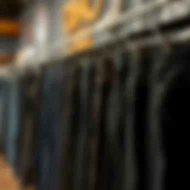 Variety of black jeans styles displayed on hangers