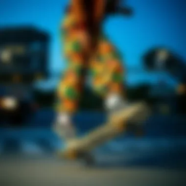 Skateboarder performing tricks while wearing trendy pants