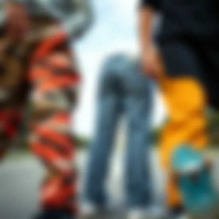 Variety of skate pants showcasing different styles and fits