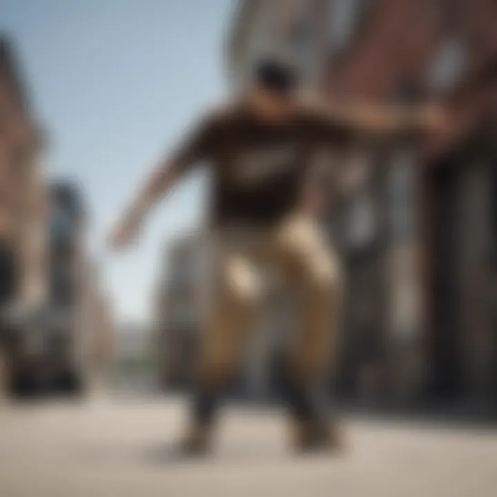 Skater performing a trick while wearing Dickies cargo pants in an urban setting