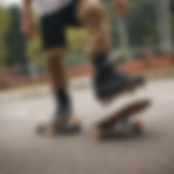 A skateboarder performing tricks wearing stylish skate shoes.