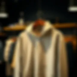A stylish hoodie displayed on a hanger in a boutique setting
