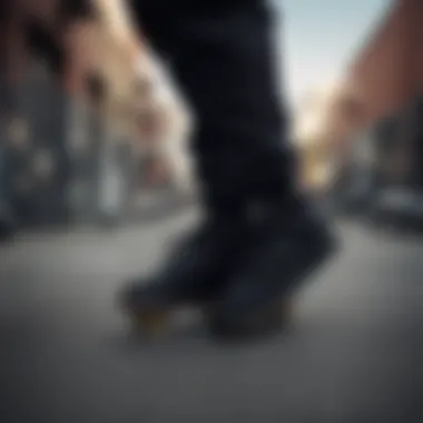 A skateboarder wearing all black Reebok Classics in an urban setting