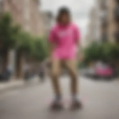 Collage of skateboarders showcasing the hot pink Vans shirt in various urban settings