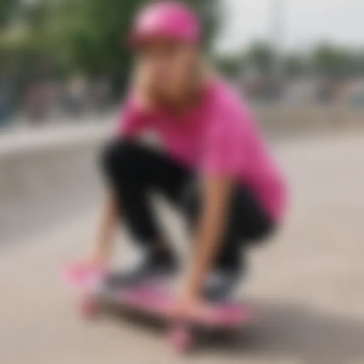 Vibrant hot pink Vans shirt showcased in a skate park