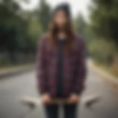 A skateboarder donning a plaid flannel jacket, embodying the spirit of skate culture.