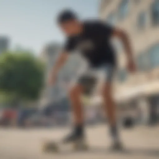 A skateboarder showcasing mesh short shorts in an urban setting