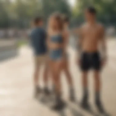 Group of skaters wearing mesh short shorts at a skatepark