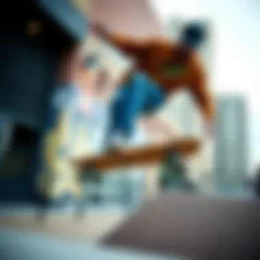 The Arbor Whiskey Recruit in Action Skater performing tricks on the Arbor Whiskey Recruit skateboard in an urban environment.