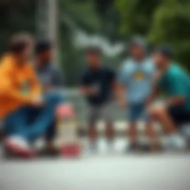 Community Engagement Around Arbor Whiskey Recruit A group of diverse skaters discussing their experiences with the Arbor Whiskey Recruit skateboard.