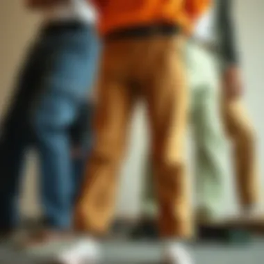 Different styles of pants with built-in belts arranged artistically