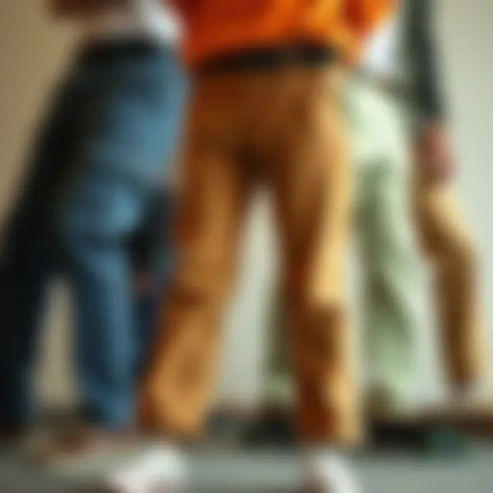 Different styles of pants with built-in belts arranged artistically