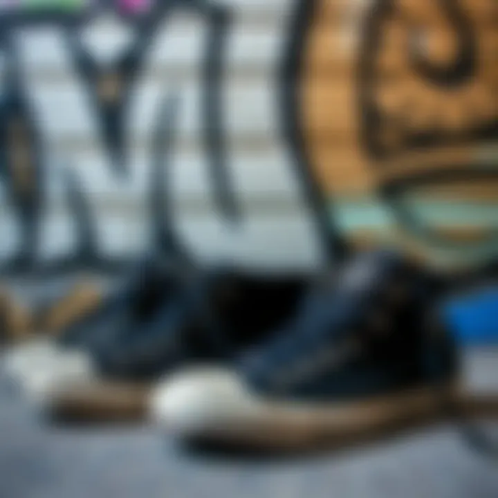 Artistic Display of Chuck Taylors with Graffiti An artistic display of black Chuck Taylors against a graffiti backdrop
