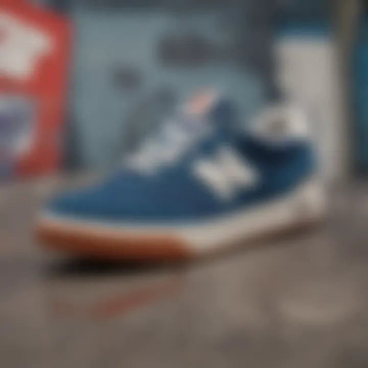 Artistic representation of New Balance shoes against a backdrop of skate culture elements