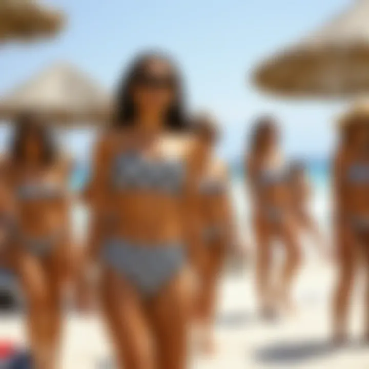 A vibrant beach scene featuring individuals in stylish black and white swimwear