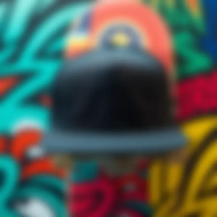 A stylish black and grey trucker hat showcased against a vibrant skateboard backdrop
