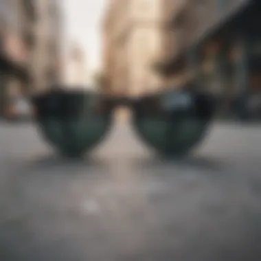 Historical advertisement featuring black round Ray-Ban sunglasses