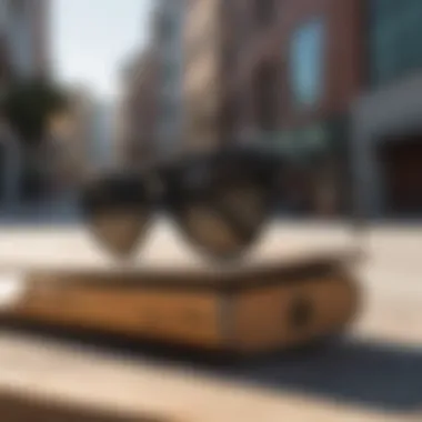 Stylish black round Ray-Ban sunglasses resting on a skateboard