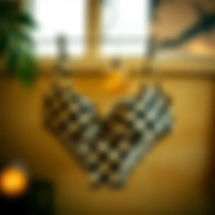 A vintage black and white checkered bikini displayed against a retro backdrop