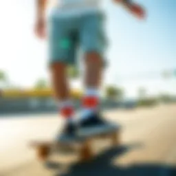 Dynamic view of Blue Crown Chino Shorts in action on a skateboard
