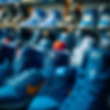 A collection of various blue Nike high tops on display