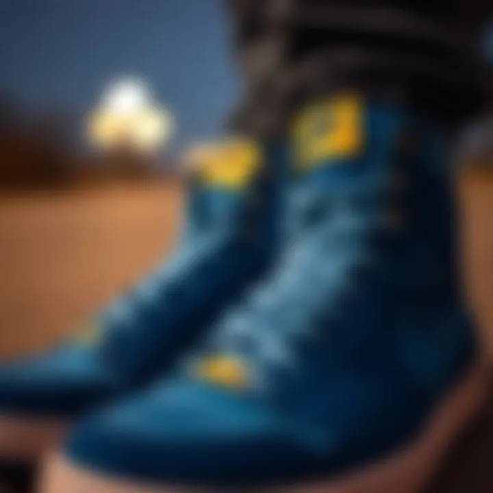 Close-up of blue Nike high tops showcasing design details