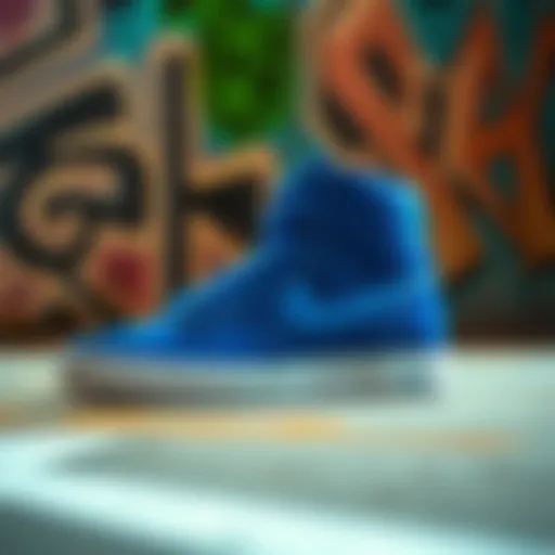 A pair of blue Nike high tops with a graffiti background