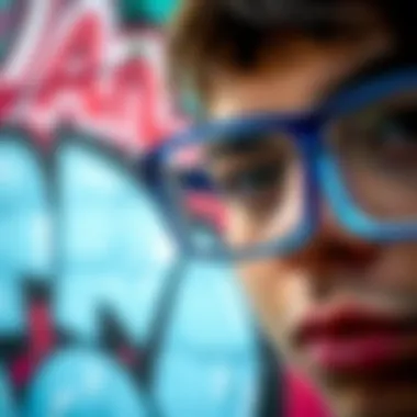 Blue Glasses Against Street Art Close-up of blue square frame glasses against a graffiti backdrop