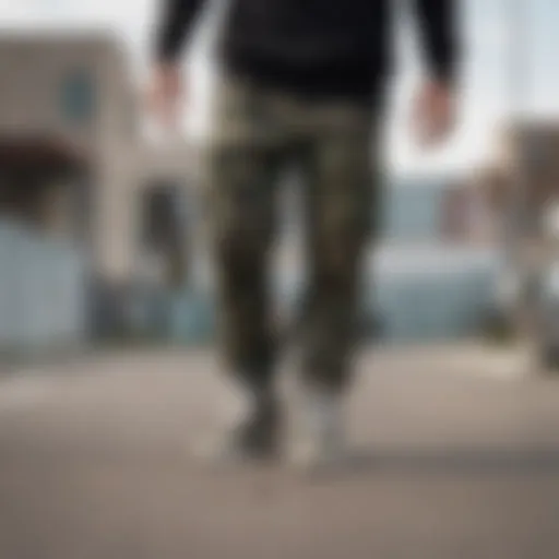 Camo sweatpants styled with skate shoes and accessories