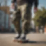 Stylish camouflage cargo jogger pants on a skateboarder