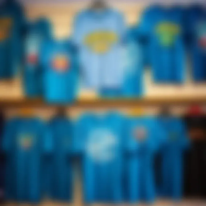 Collection of Carolina blue graphic tees hung on a wall, displaying various styles