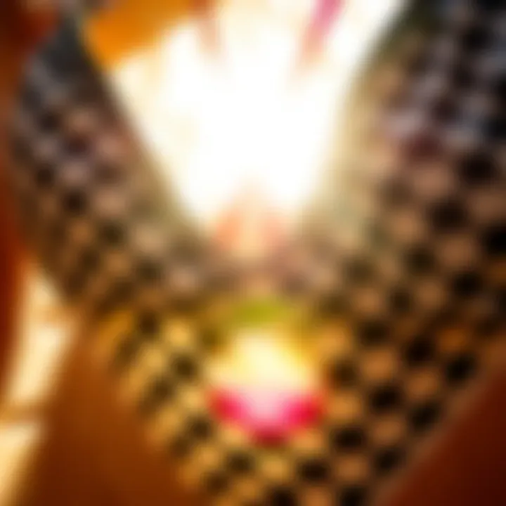 A close-up of the checkered pattern on swimwear fabric illuminated by sunlight