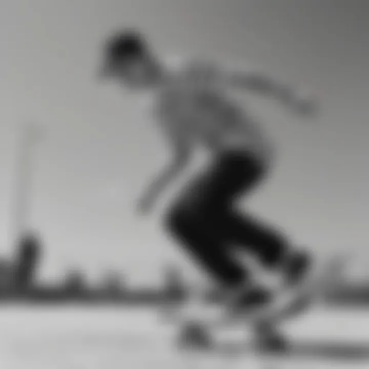 Skater performing tricks while wearing a black and white striped t-shirt.