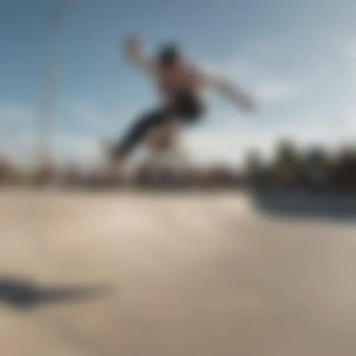 A skateboarder performing a trick in a skate park, emphasizing individual style.