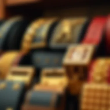 A collection of various gold studded belts displayed together