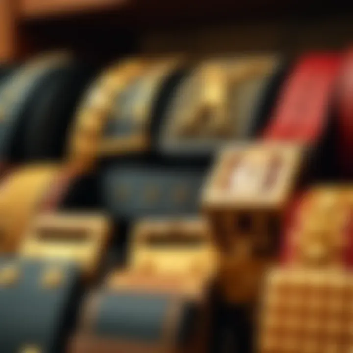 A collection of various gold studded belts displayed together