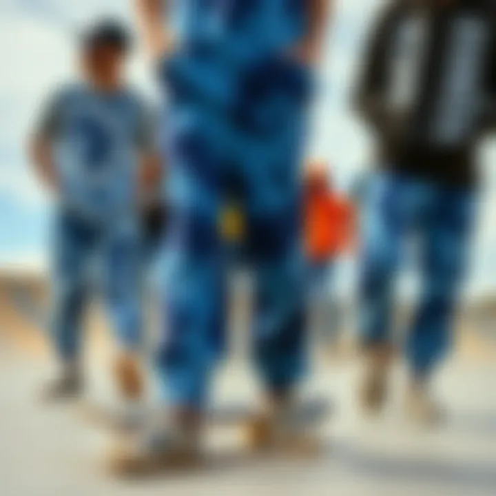 A group of skateboarders wearing stylish blue tie-dye sweat pants on a ramp
