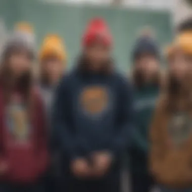 Group of skateboarders gathered, each wearing distinctive Creature beanies