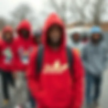 Community Unity Through Fashion in Skateboarding Culture Group of skateboarders showcasing diverse red hoodie designs