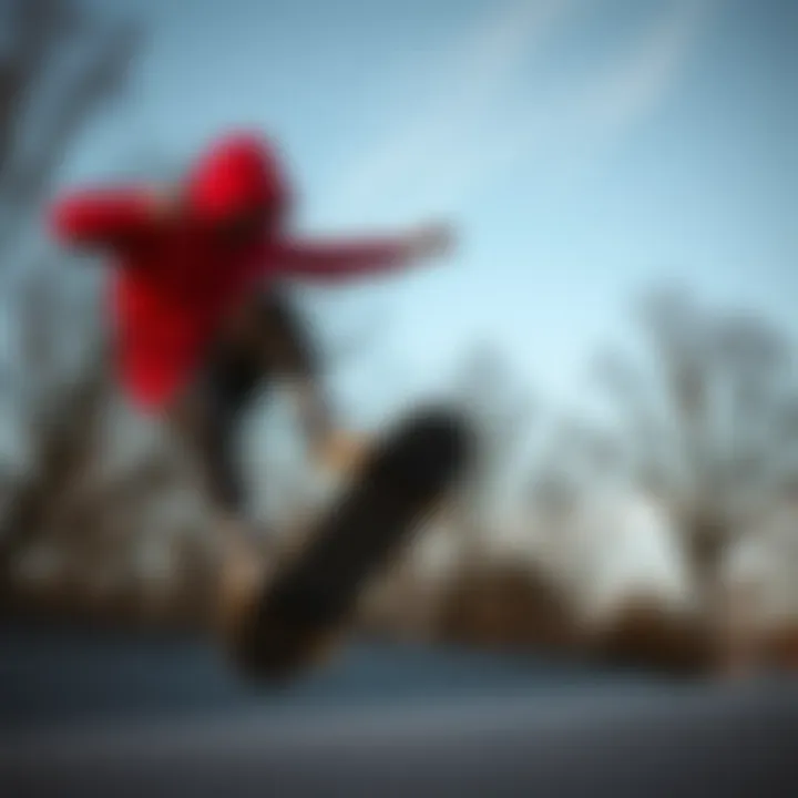 The Functional Aspect of the Red Hoodie in Action Skateboarder wearing a red hoodie performing tricks