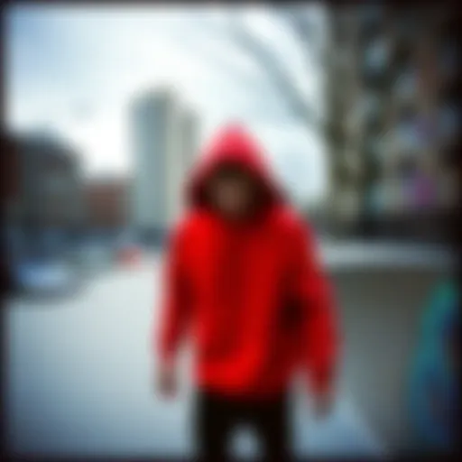 Urban Expression of Skateboarding Style Vibrant red hoodie sweatshirt in an urban skatepark setting