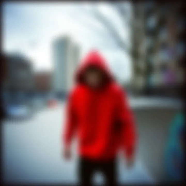 Urban Expression of Skateboarding Style Vibrant red hoodie sweatshirt in an urban skatepark setting