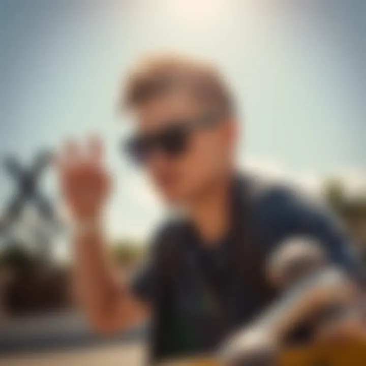 Athletic individual wearing sunglasses while skateboarding