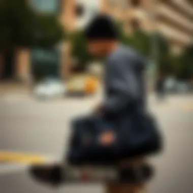 Integration of Dickies Duffle Bag in Skate Culture Skateboarder using the Dickies duffle bag in an urban setting.