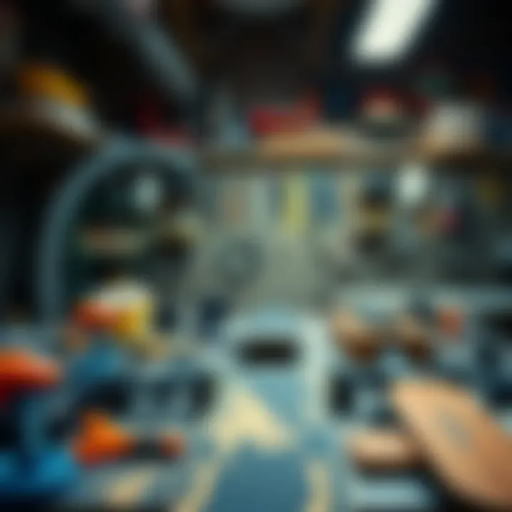 An organized workspace with tools arranged for skateboard assembly