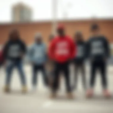 Group of skateboarders wearing stylish Dope Snow sweatshirts in an urban setting
