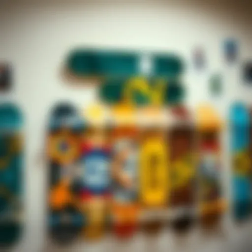 Creative skateboard wall display showcasing various designs and colors