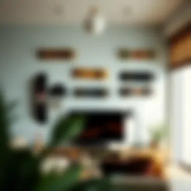 Stylish interior featuring flush-mounted skateboards as wall art