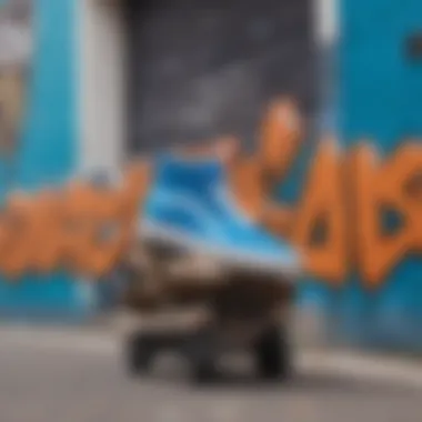 Electric blue vans displayed against a vibrant graffiti backdrop