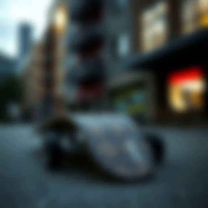 Visual representation of a skateboard with unique griptape design in an urban setting